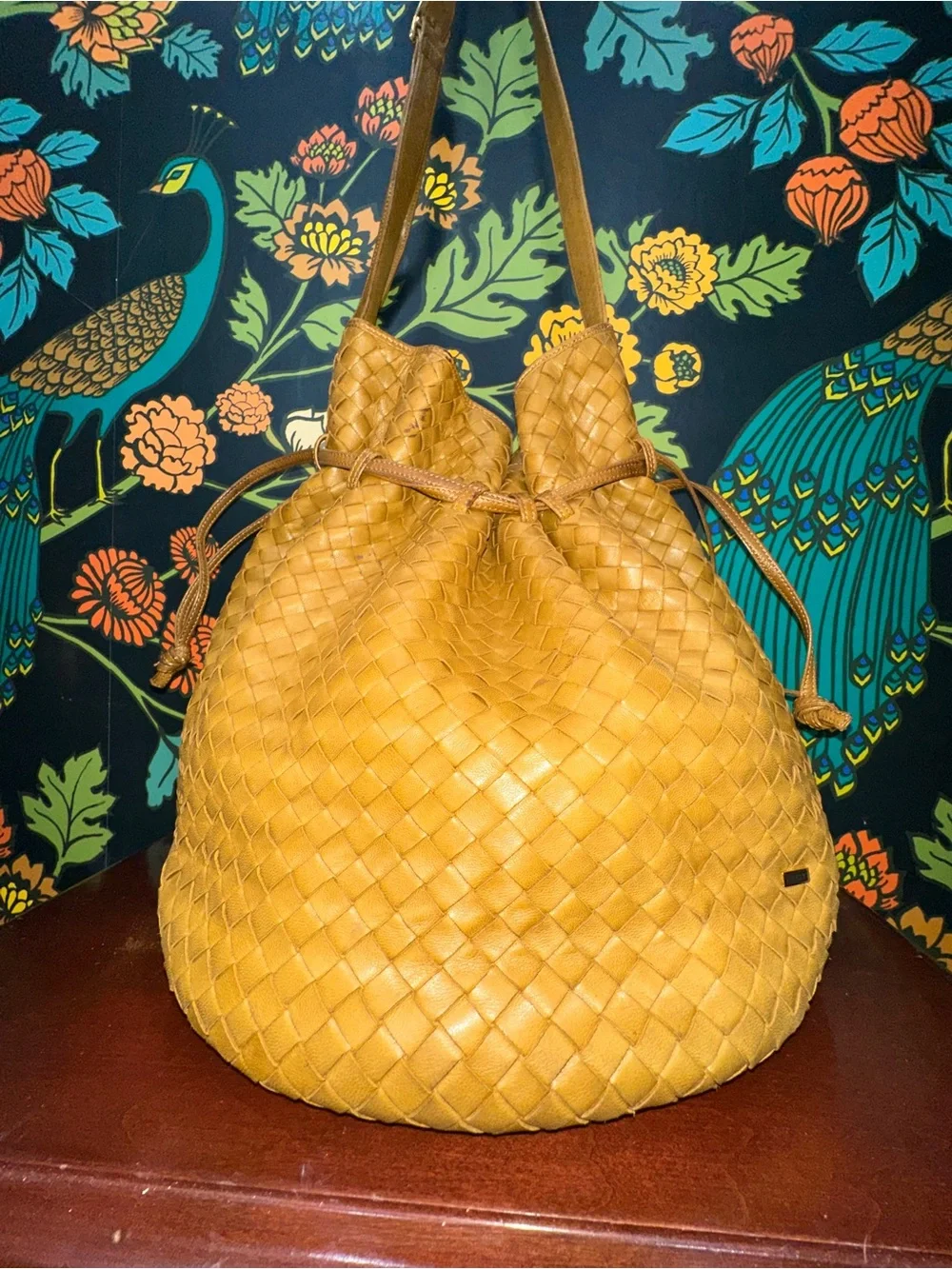 Vintage Bally International Woven Leather Drawstring Bucket Bag Lambskin Italy